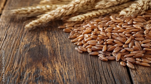 A close-up of spelt grains and wheat stalks on a rustic wooden table.
