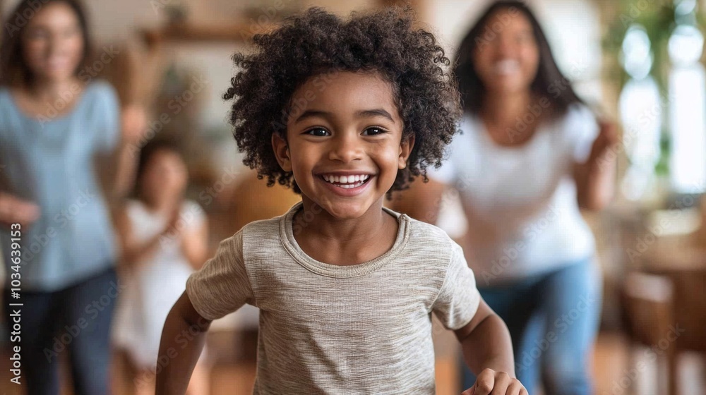 Fototapeta premium A young child with curly hair smiles brightly as they run energetically towards the viewer, surrounded by happy family members enjoying playful moments in the background of a cozy room.