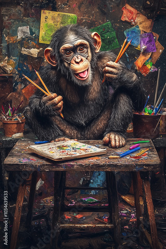 chimpanzee drawing with pencils