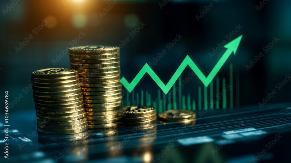 Golden coin stacks with green upward arrows, digital graphs behind, representing cryptocurrency growth Golden coin stacks with green upward arrows, digital graphs behind, representing cryptocurrency growth