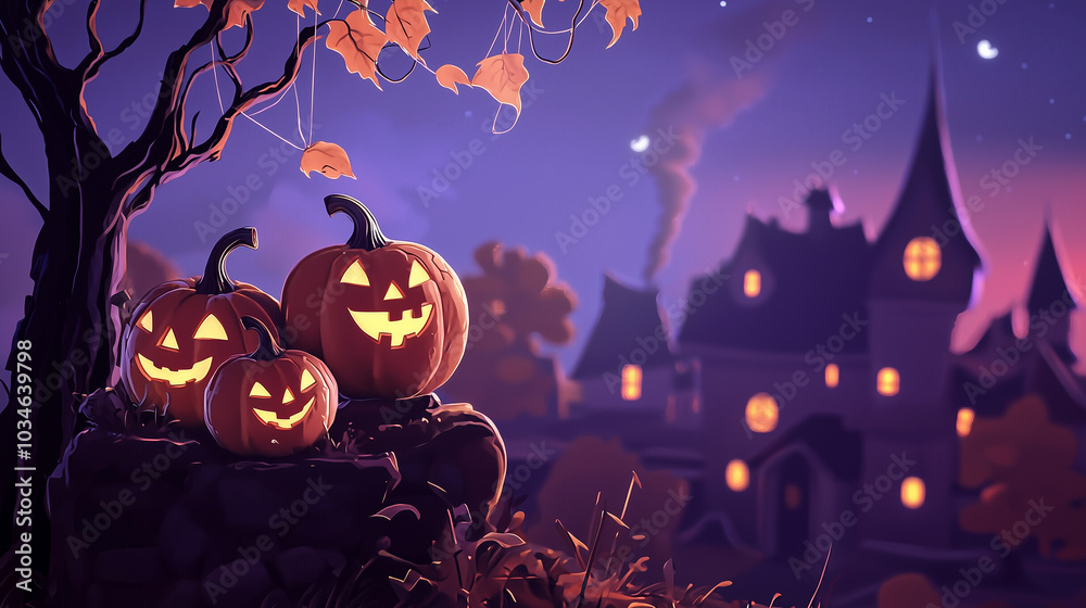 Fototapeta premium halloween background with pumpkin and haunted house