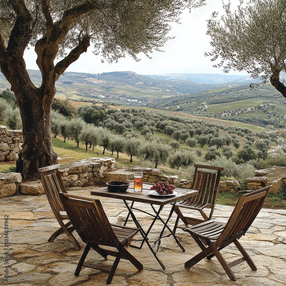 Fototapeta premium Picturesque Patio with Rustic Wooden Furniture Overlooking Vast Olive Grove and Rolling Hills - Perfect Outdoor Dining and Relaxation Spot in Serene Countryside