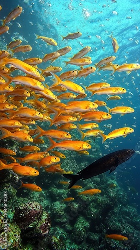 Vibrant underwater illustration of a diverse school of fish with contrasting colors, symbolizing individuality and unity within a collective in a balanced ecosystem.