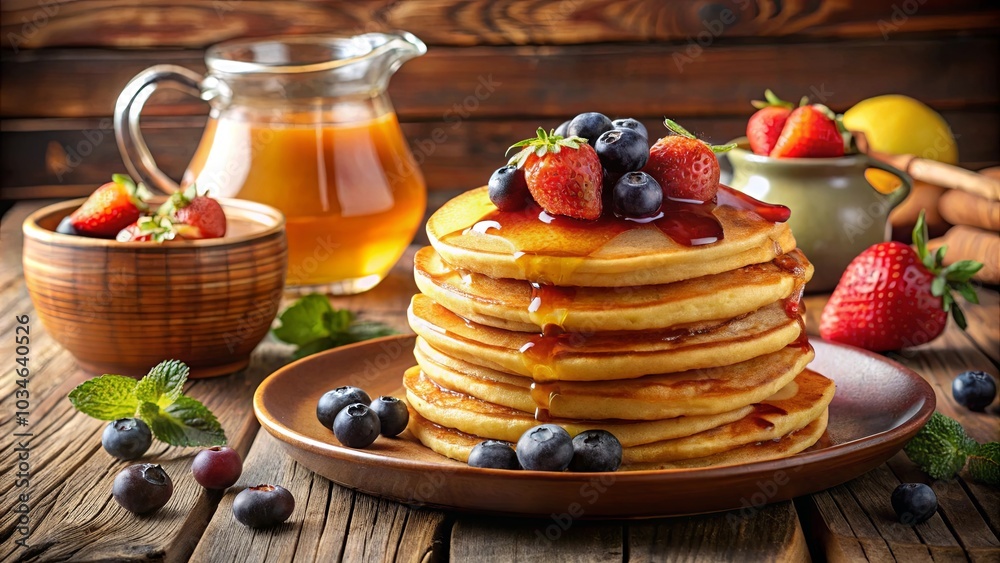 A Stack of Golden Brown Pancakes Drizzled with Syrup and Topped with Fresh Berries, Sitting on a Rustic Wooden Table A Stack of Golden Brown Pancakes Drizzled with Syrup and Topped with Fresh Berries, Sitting on a Rustic Wooden Table