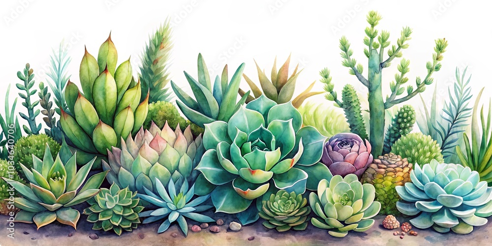 A Lush Garden of Succulents in Watercolor Detail, Featuring a Variety of Shapes, Sizes, and Colors, from Deep Greens to Delicate Pinks and Blues A Lush Garden of Succulents in Watercolor Detail, Featuring a Variety of Shapes, Sizes, and Colors, from Deep Greens to Delicate Pinks and Blues