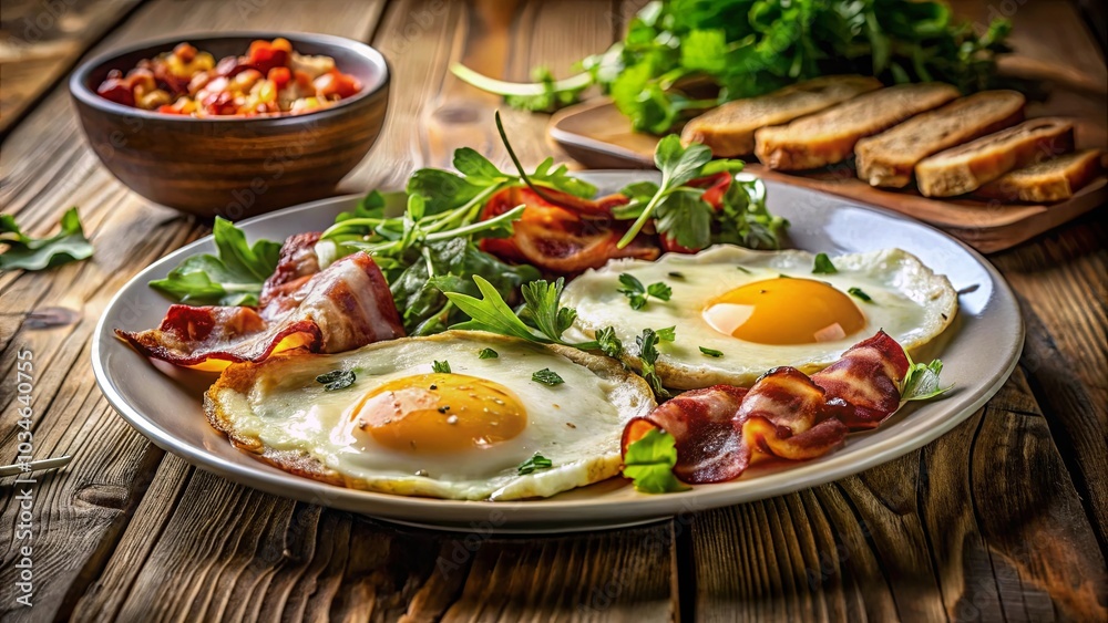 Aromatic Breakfast of Sunny-Side Up Eggs, Crispy Bacon, and Fresh Greens on a Rustic Wooden Table Aromatic Breakfast of Sunny-Side Up Eggs, Crispy Bacon, and Fresh Greens on a Rustic Wooden Table
