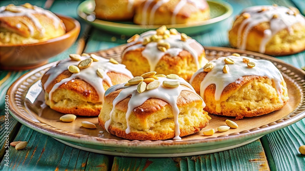 Sweet and Delicate Glazed Pastries with Toasted Seeds on a Brown Plate and a Green Wooden Surface Sweet and Delicate Glazed Pastries with Toasted Seeds on a Brown Plate and a Green Wooden Surface