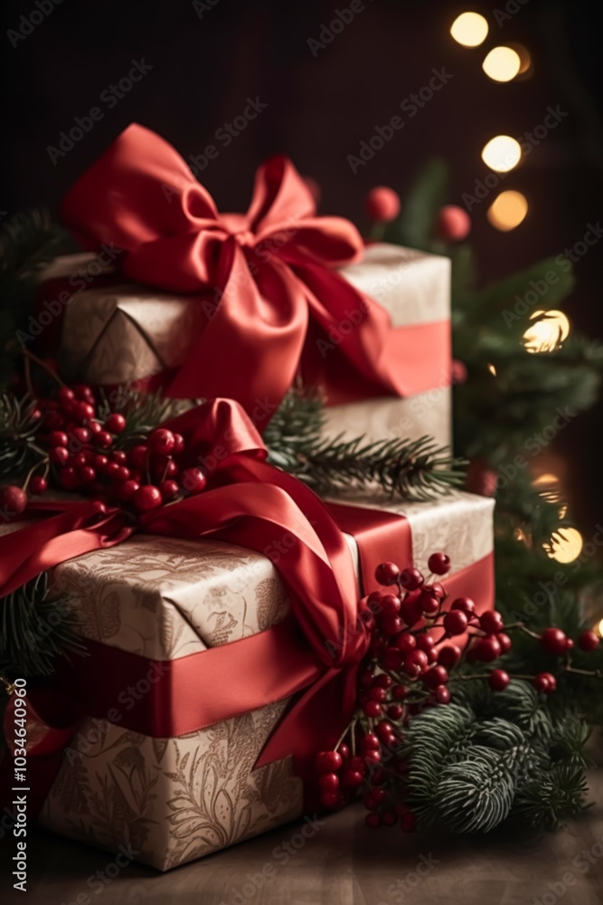 Classic Christmas presents and holiday gifts, wrapped gift boxes under Christmas tree, boxing day and holidays shopping, post-processed, generative ai