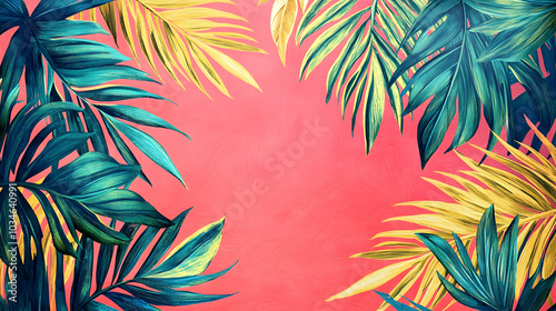 Tropical-Themed Background Featuring Lush, Vibrant Palm Leaves in a Warm, Sunlit Setting