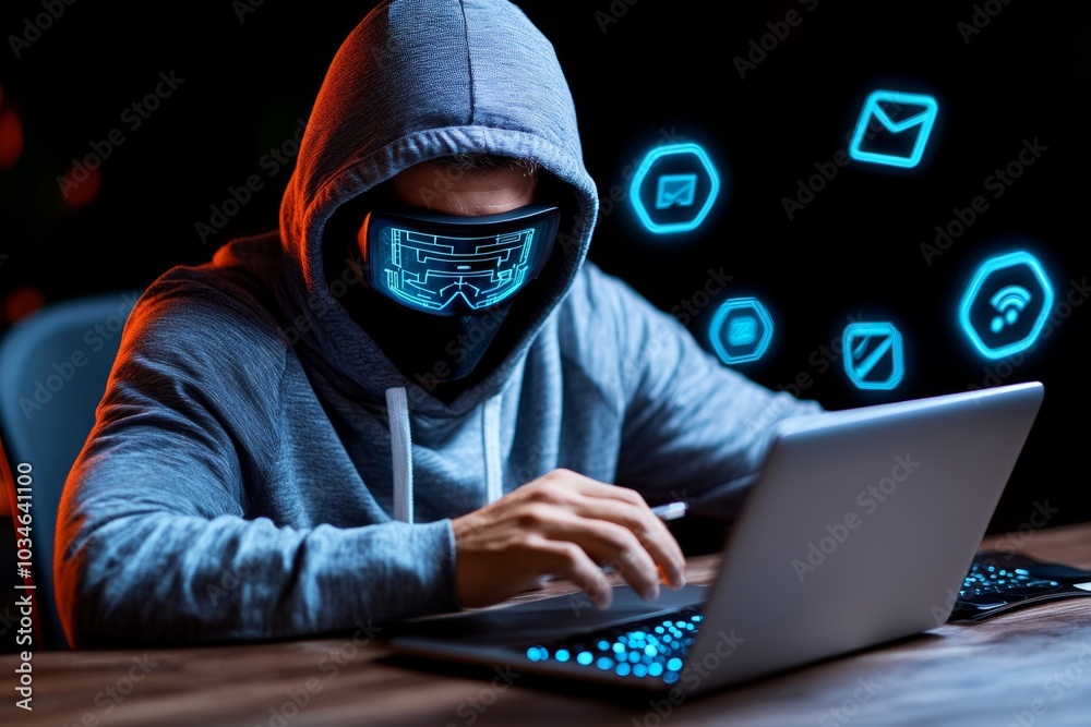 White hat hacking, shown in a futuristic cyber-lab, where holographic data streams and security icons float in the air as a hacker ensures system protection White hat hacking, shown in a futuristic cyber-lab, where holographic data streams and security icons float in the air as a hacker ensures system protection