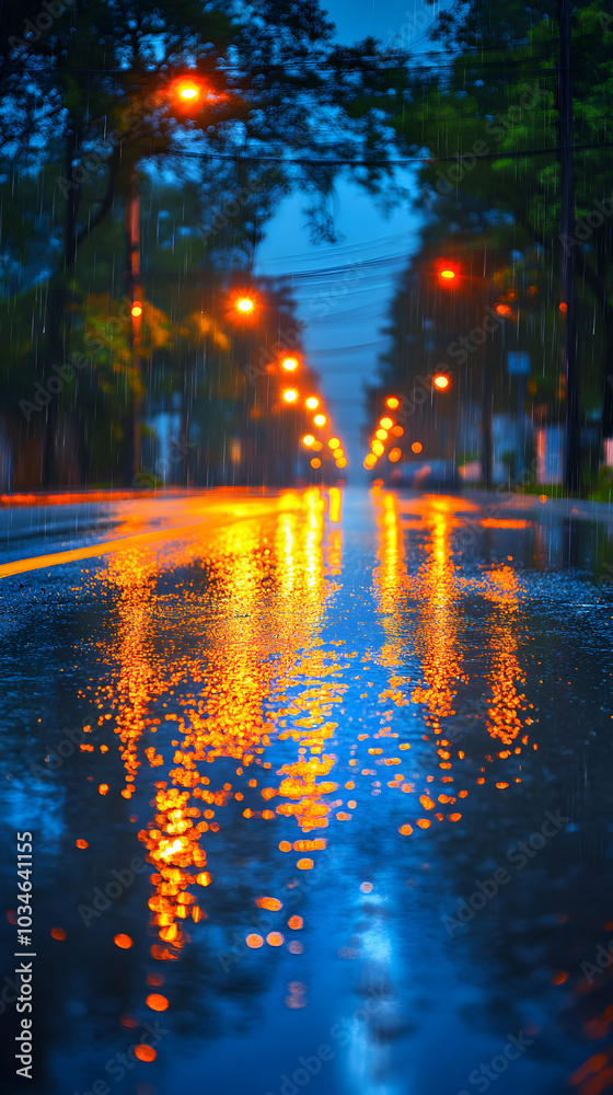 Naklejka premium Wet Road with Reflections of Street Lights After Rain at Night