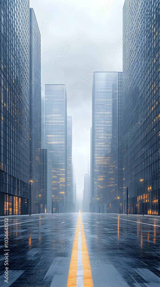 Empty Urban Road Surrounded by Modern Skyscrapers in a Contemporary Cityscape Empty Urban Road Surrounded by Modern Skyscrapers in a Contemporary Cityscape