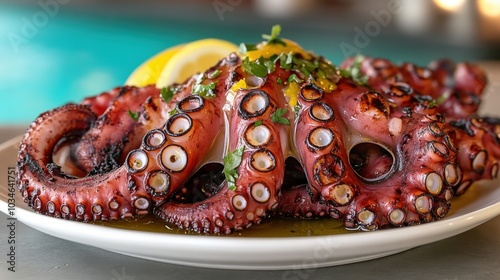 Delicious Grilled Octopus Dish with Lemon Garnish on White Plate Background - Perfect Seafood Cuisine for Summer Dining and Gourmet Food Lovers photo