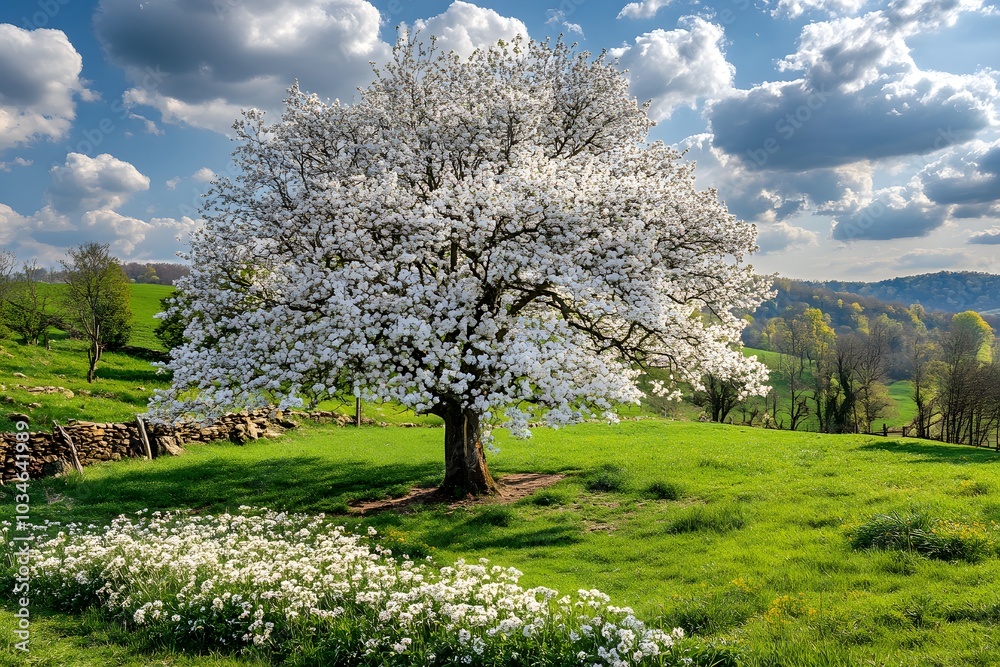 Naklejka premium Blooming Cherry Tree in Spring Meadow with Blue Sky and Clouds