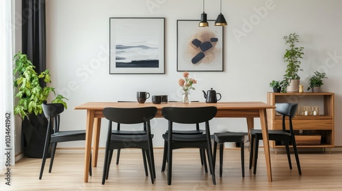 Beautiful interior design for a dining area featuring a wooden family table, black seats, a teapot with a mug, wall-mounted mock-up paintings, and sophisticated accessories for a modern home. 