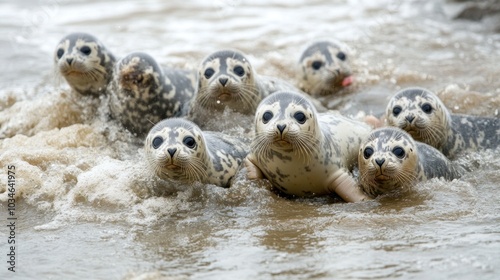 A Group of Harbor Seals in Shallow Water