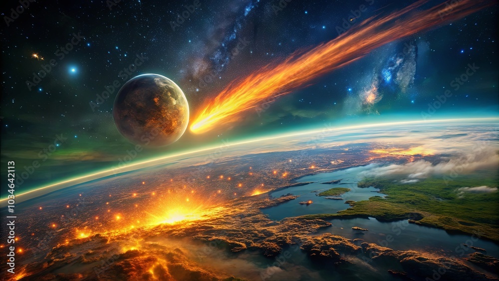 Obraz premium A fiery celestial body streaks through the cosmos, illuminating the star-strewn night sky as it descends towards a world engulfed in flames.