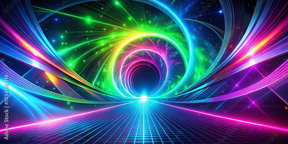 A futuristic neon glow with a starry night sky backdrop, a path lined with vibrant colors, leading into a glowing vortex of light A futuristic neon glow with a starry night sky backdrop, a path lined with vibrant colors, leading into a glowing vortex of light
