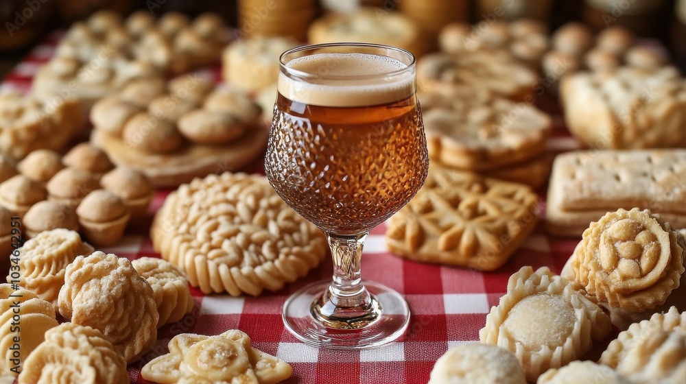 Delicious Assorted Cookies Surrounding a Fancy Beer Glass on Red Checkered Tablecloth for Cookie and Beer Lovers, Perfect for Festive Gathering and Dessert Pairing Delicious Assorted Cookies Surrounding a Fancy Beer Glass on Red Checkered Tablecloth for Cookie and Beer Lovers, Perfect for Festive Gathering and Dessert Pairing
