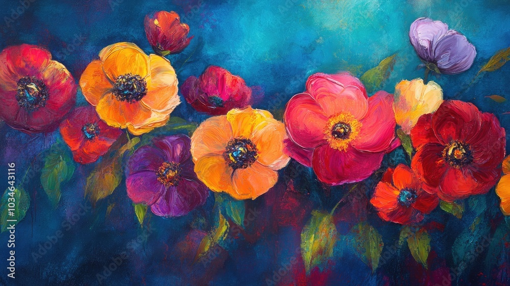Vibrant floral oil painting set against a deep contrasting backdrop Vibrant floral oil painting set against a deep contrasting backdrop