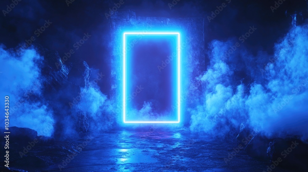 Obraz premium 3D render of an abstract esoteric background featuring a glowing rectangular portal blue neon lights virtual reality elements an energy source and a blank space with laser effects and fog