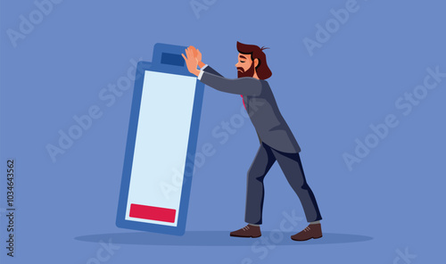 Burnout Businessman Pushing a Low Energy Battery Vector Concept Illustration. Tired exhausted corporate worker feeling unwell
