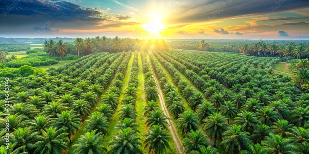 Palm Trees at Sunset, a Serene Landscape of Rows of Lush Greenery Bathed in Golden Light Palm Trees at Sunset, a Serene Landscape of Rows of Lush Greenery Bathed in Golden Light
