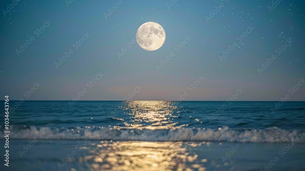 Glowing supermoon rising above calm ocean horizon, casting soft light on water. Clear sky with scattered stars creates serene and magical atmosphere. Glowing supermoon rising above calm ocean horizon, casting soft light on water. Clear sky with scattered stars creates serene and magical atmosphere.