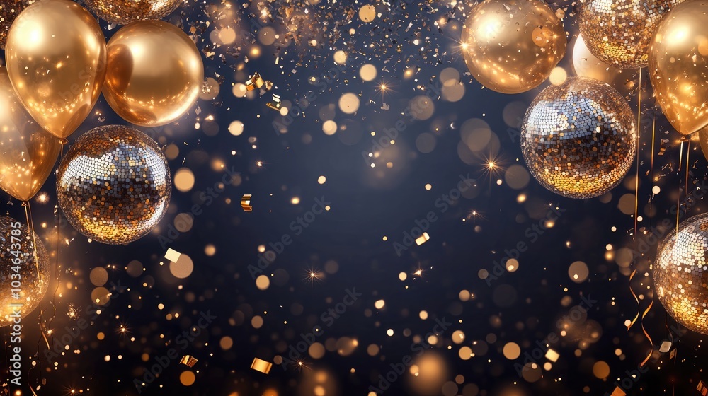 Festive background for a New Year s Eve or birthday celebration featuring golden balloons disco balls and confetti Wide web banner design with disco elements and space for text Festive background for a New Year s Eve or birthday celebration featuring golden balloons disco balls and confetti Wide web banner design with disco elements and space for text