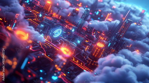 Futuristic cityscape illuminated by neon lights amidst a cloudy sky at night