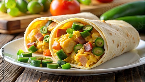 A close-up of a breakfast burrito filled with scrambled eggs, diced peppers, and jalapenos, on a white plate with additional jalapenos scattered around photo