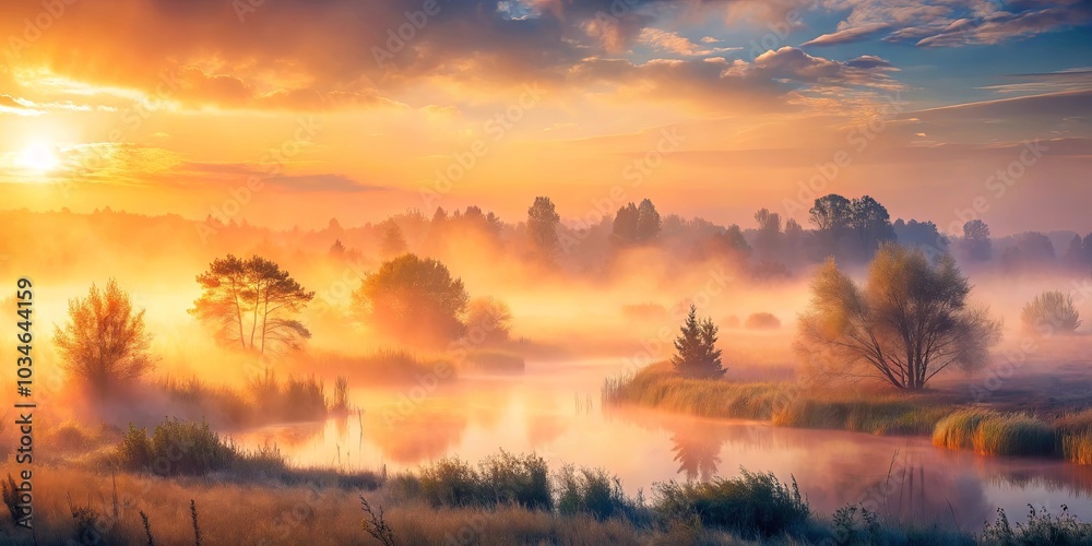Fototapeta premium A serene river winding through a misty forest, bathed in the golden glow of a rising sun, with delicate foliage emerging from the fog