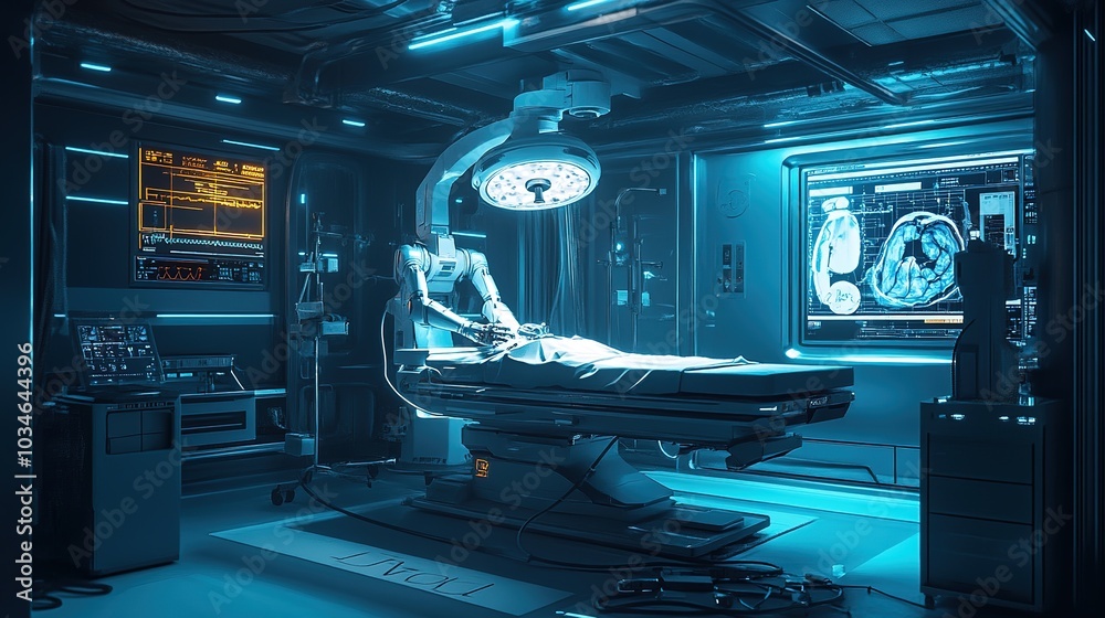 Futuristic surgical room with robotic assistance and advanced monitoring systems at night Futuristic surgical room with robotic assistance and advanced monitoring systems at night