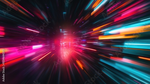 Abstract blurred background with vibrant light streaks depicting a futuristic scene of dynamic motion and technological speed