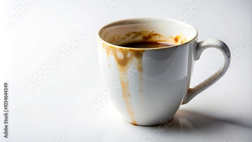 A white ceramic mug with a brown stain, a reminder of the coffee that once filled it, sits on a plain white background.