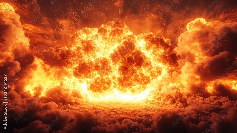 Massive explosion generating intense flames and towering smoke clouds Massive explosion generating intense flames and towering smoke clouds