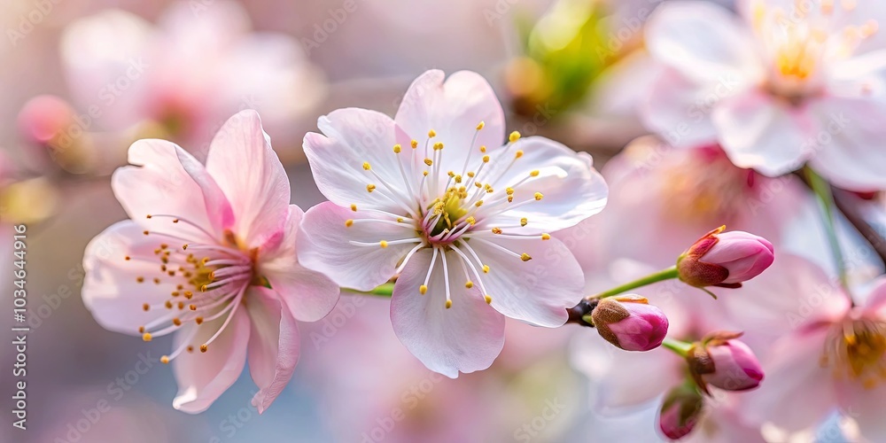Delicate Pink Blossoms Unfurling in a Soft Light, Their Petals Gracefully Unveiling a Cluster of Golden Stamens Delicate Pink Blossoms Unfurling in a Soft Light, Their Petals Gracefully Unveiling a Cluster of Golden Stamens