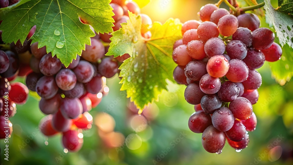 A Cluster of Ripe, Dew-Kissed Grapes Hanging from a Vine, Bathed in the Warm Glow of the Setting Sun A Cluster of Ripe, Dew-Kissed Grapes Hanging from a Vine, Bathed in the Warm Glow of the Setting Sun