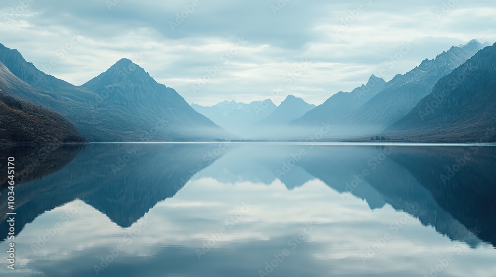 Serene morning by the tranquil lake surrounded by majestic mountains in a clear blue sky