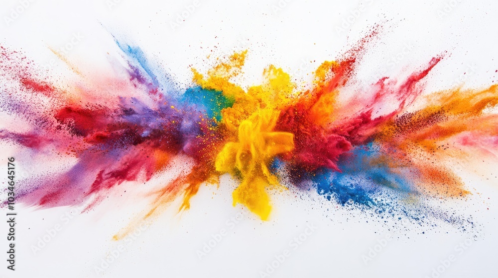 Vibrant explosion of colorful powder reminiscent of Holi festivities against a white backdrop Vibrant explosion of colorful powder reminiscent of Holi festivities against a white backdrop