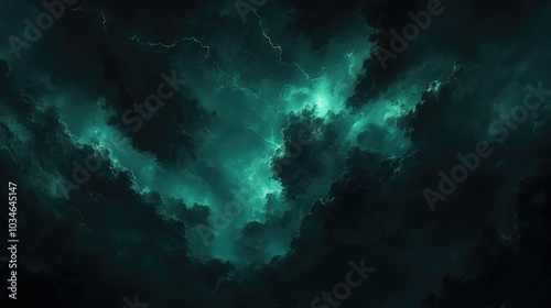 Dramatic night sky in deep shades of black and dark greenish blue featuring ominous storm clouds that suggest a fierce thunderstorm filled with wind lightning and a touch of epic fantasy