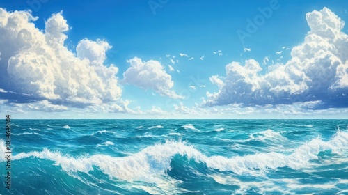 Gentle ocean waves beneath a clear blue sky adorned with fluffy clouds evoking a sense of tranquility and freshness