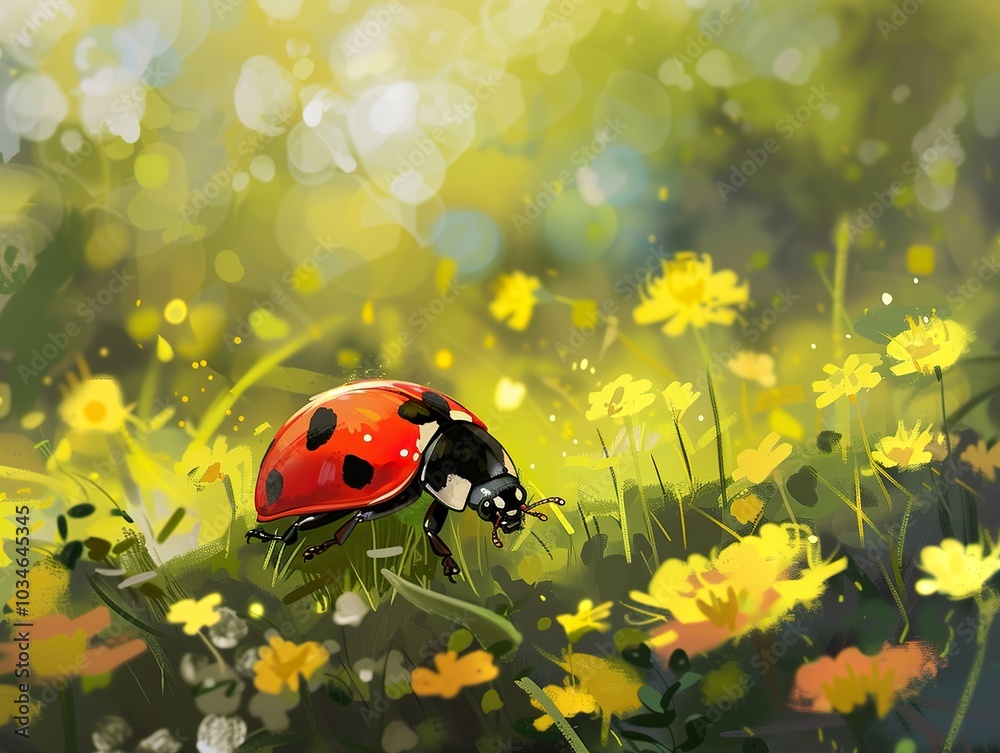 Ladybug on a Field of Yellow Flowers - A Close Up View Ladybug on a Field of Yellow Flowers - A Close Up View