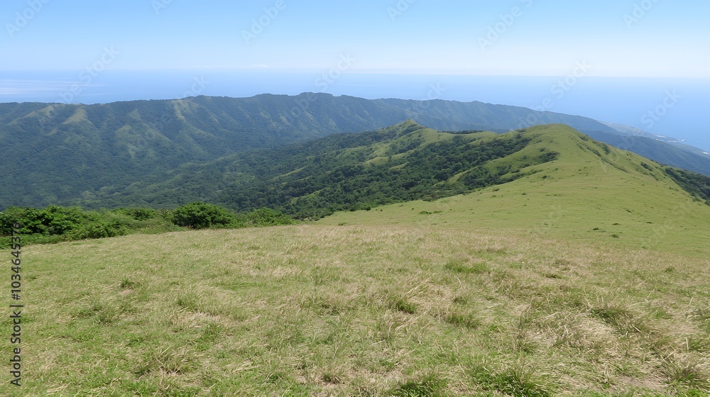 Lush Green Mountain Ridge with Ocean View Lush Green Mountain Ridge with Ocean View