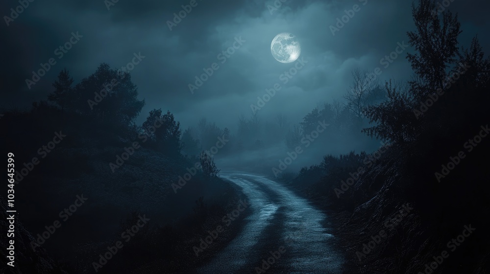 Fototapeta premium Fog envelops a mysterious forest illuminated by moonlight with asphalt pathways hills and trees creating a mystical atmosphere in a foggy night setting