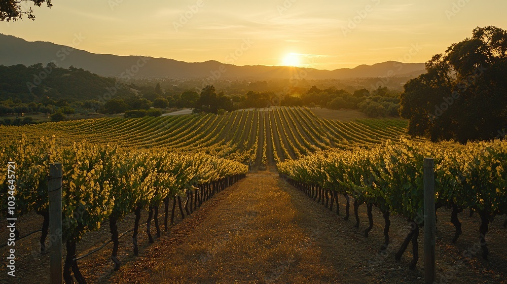 Naklejka premium Vibrant vineyard rows under a golden sunset in a serene countryside landscape