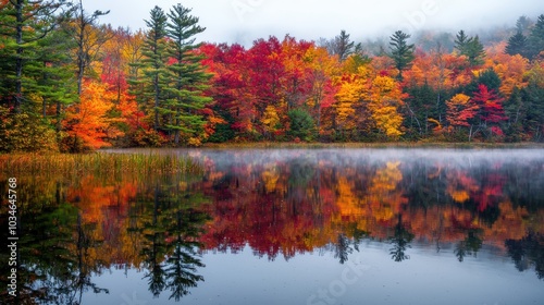 Beautiful fall foliage reflected in the still waters of a quiet lake during a misty autumn morning