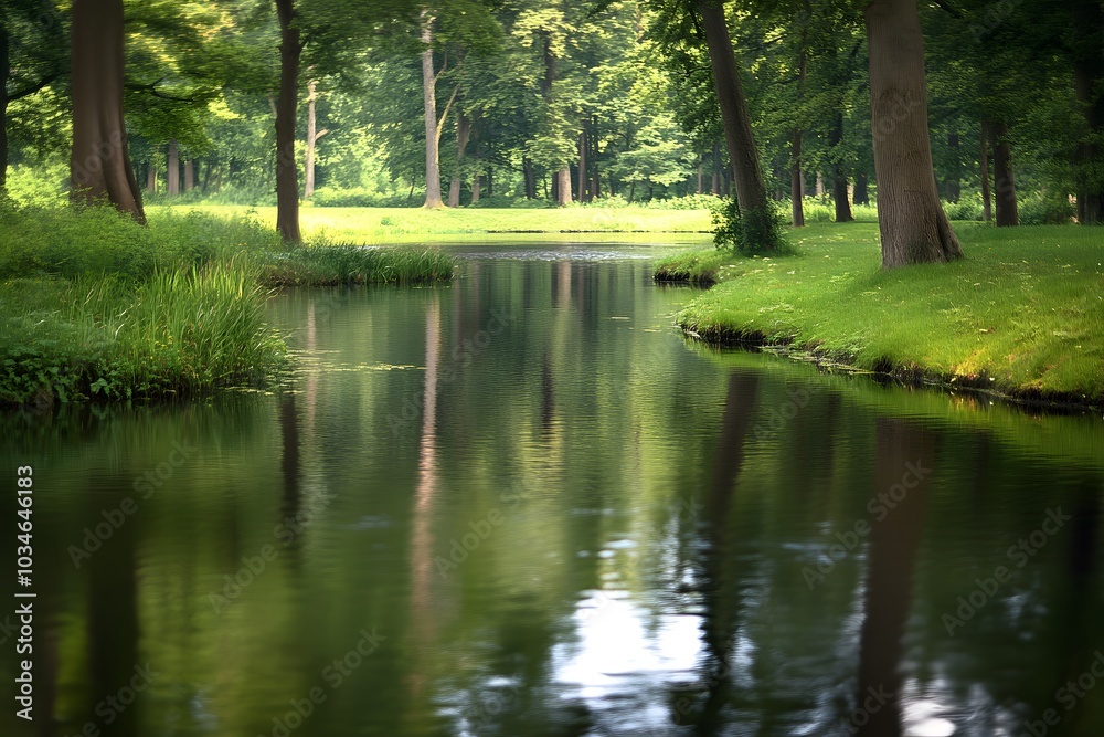 Tranquil Forest Stream with Lush Green Trees and Water Reflections Tranquil Forest Stream with Lush Green Trees and Water Reflections