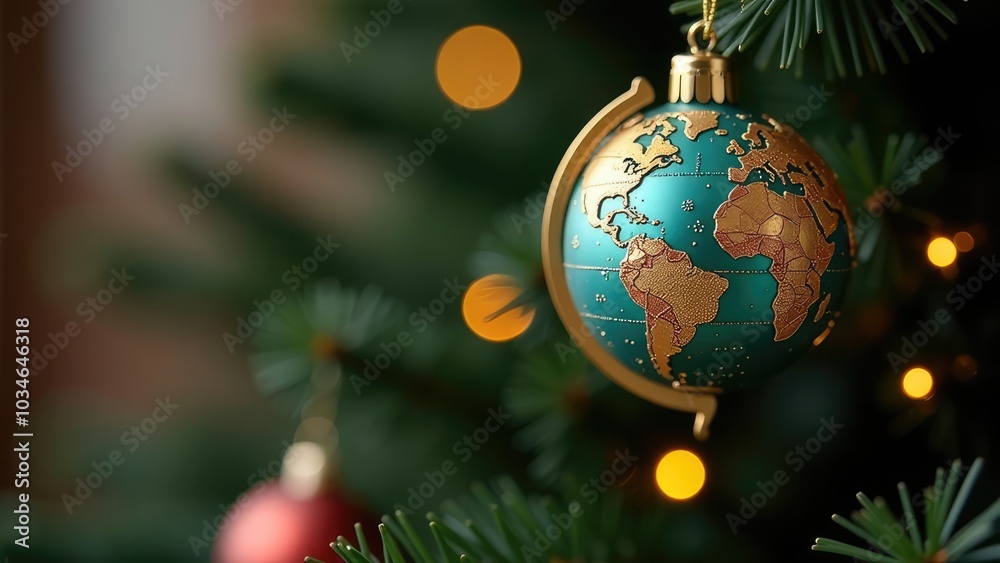 New Year's toy in the form of a globe hanging on a Christmas tree. Small globe, one world concept New Year's toy in the form of a globe hanging on a Christmas tree. Small globe, one world concept
