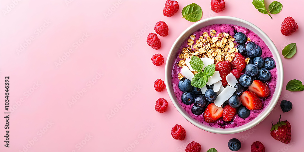 A Bowl of Berry Smoothie with Granola and Coconut Flakes on a Pink Background A Bowl of Berry Smoothie with Granola and Coconut Flakes on a Pink Background